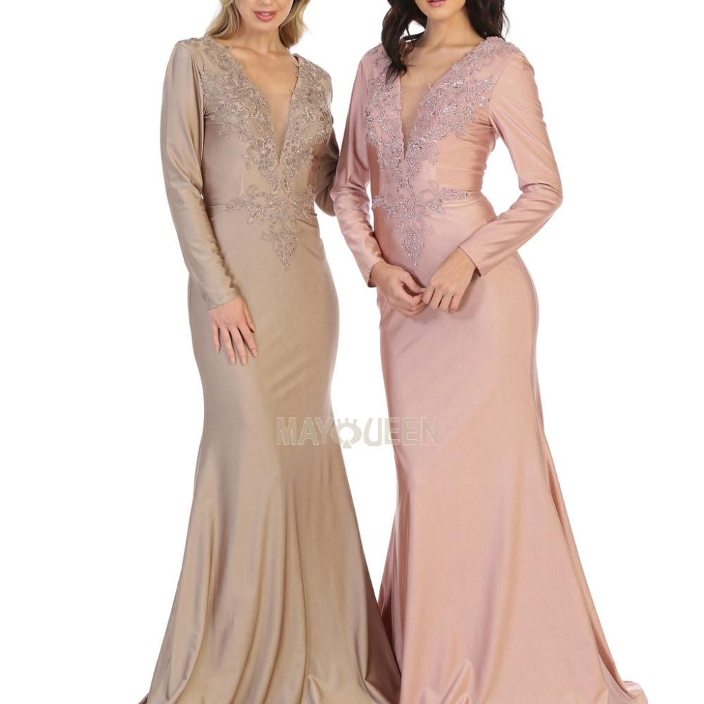 BURGUNDY BLACK OR ROSE Green, LONG SLEEVE FORMAL GOWN - Picture 6 of 10